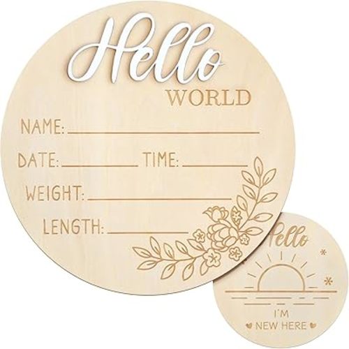 Baby Announcement Sign, Wooden Hello World Newborn Baby Name Sign Birth Announcement Plaque for Hospital Nursery Photo Prop Ba-by Shower-White