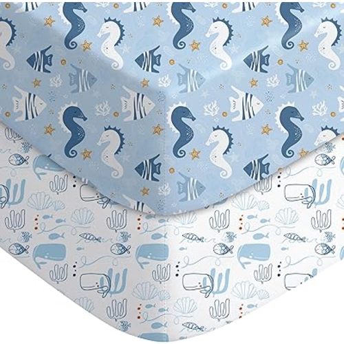 Yoofoss Baby Crib Sheets for Boys Girls, Fitted Crib Sheet 2 Pack for Standard Crib and Toddler Mattress, Super Soft Microfiber Baby Sheet 28x52x8in Underwater World
