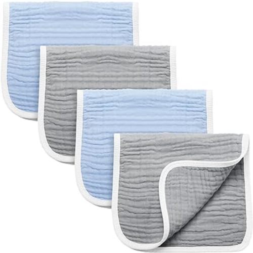 Synrroe Burp Cloths Large, Muslin Burp Cloths for Baby Girls and Boys, Pack of 4 Extra Absorbent and Soft Muslin Bibs, 6 Layers 20 by 10 Inches 100% Cotton (Blue-Grey 4 Pack)