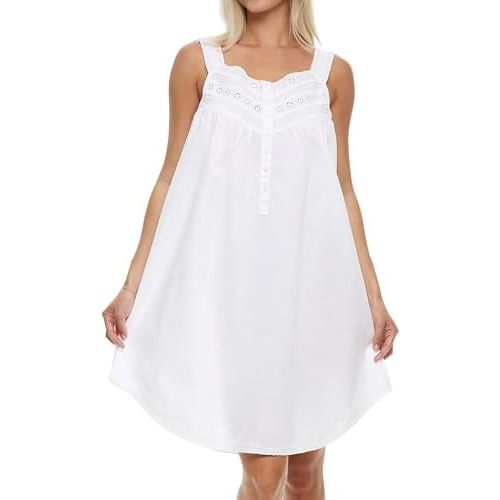 Alexander Del Rossa 100% Cotton Nightgowns for Women, Sleeveless Lace Trimmed Button Up Short Vintage Night Dress Gown