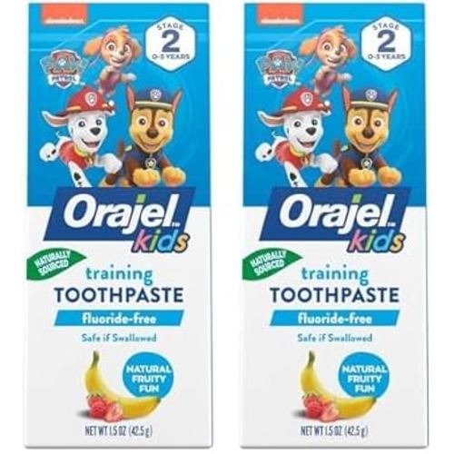 Orajel Kids Paw Patrol Fluoride-Free Training Toothpaste, Natural Fruity Fun Flavor, #1 Pediatrician Recommended, 1.5oz Tube (Pack of 2)