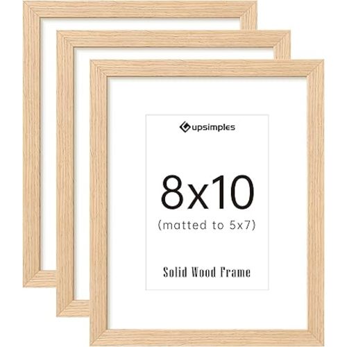 upsimples 8x10 Picture Frame Set of 3, Natural Solid Wooden Picture Frames, Display 5x7 with Mat or 8 x 10 Without for Wall Mount or Tabletop Décor
