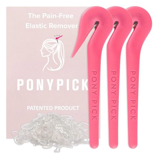 THE PONY PICK Hair Elastic Rubber Bands Cutter Tool – Easy To Use, Pain Free, No Hair Damage – Ponytail Cutter Tool for Kids & Toddlers (3 Packs of Pony Pick & 50 Clear Hair Elastics)