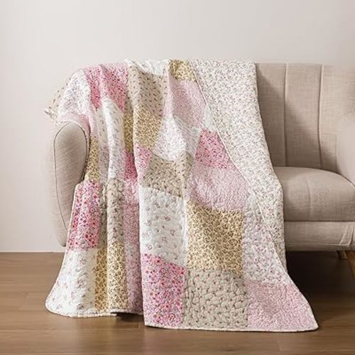 Soul & Lane - Cotton Quilted Throw Blanket, 50" x 60" Pink, Floral Mosaic