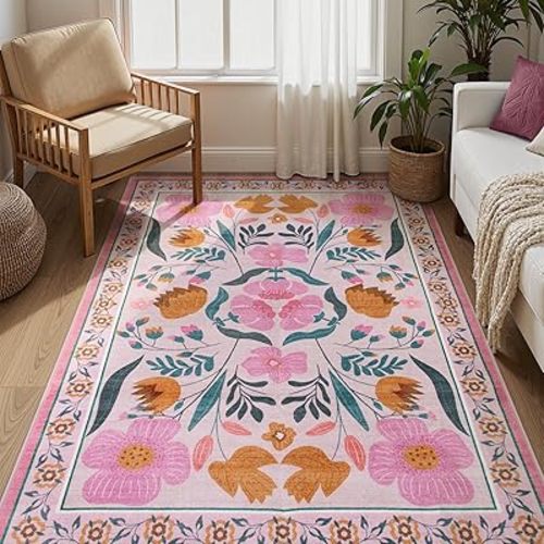 Pink Rug Washable Area Rugs 8x10 - Floral Non-Slip Living Room Carpet Ultra-Thin Soft 8x10 Rugs for Bedroom Boho Low-Pile Nursery Rug, Vintage Farmhouse Rugs for Dining Room (8x10ft,Pink)