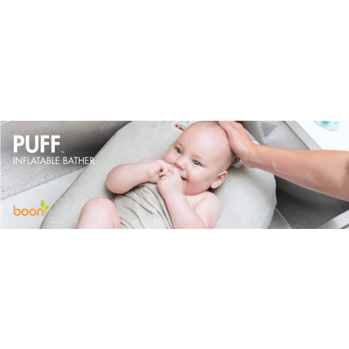 Boon Puff+ Inflatable Baby Bather - Infant Bathtub Includes Microfleece Cover, Swaddle Wings, and Storage Bag – Inflatable Baby Bathtub for Newborns and Infants - Grey