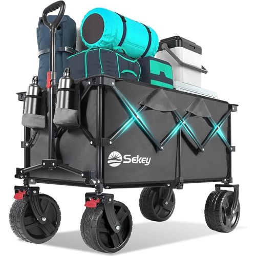 Sekey 220L Wagons Carts Foldable with Big All-Terrian Beach Wheels, Collapsible Heavy DutyWagon with Cup Holders, Extra Large Folding Wagon,Foldable Wagon for Camping, Garden, Sports. Black