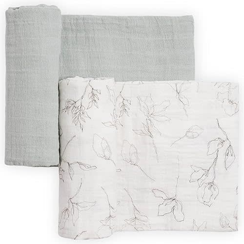 Little Unicorn 100% Organic Cotton Muslin Swaddle Blanket 2 Pack | Multi Use | Unisex (Pencil Floral)
