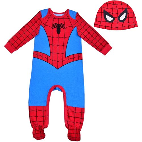 Marvel Spiderman Bodysuit and Hat, Footed Jumpsuit, Baby Clothes Sleepwear Set