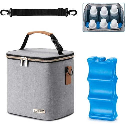 Breastmilk Cooler Bag with Ice Pack Fits 6 Baby Bottles Up to 9 Ounce, Baby Bottle Bag with Shoulder Strap for Nursing Mom Daycare, Grey