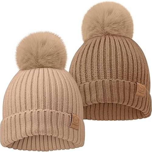 2-Pack Baby Hats for Girls, Boys - Stretchy Baby Beanies, Cute Newborn & Toddler Winter Hat, Soft & Warm Pom Pom Beanie for Infant, Toddler, Boys, Girls 6-36 Months (Dune, M)