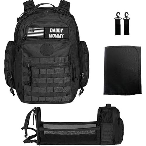 Phil & Jack Dad Diaper Bag Backpack, Baby Diaper Bag with Changing Station, Tactical Military Style, Womens Mens Diaper Bag (Black)
