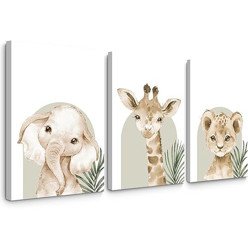 Animal Wall Art Pictures Baby Nursery Canvas Wall Art Decor Safari Animal Prints Jungle Kids Wall Art Woodland Nursery Wall Decor Giraffe Jungle Poster for Room 12x16 Inch Framed Set of 3