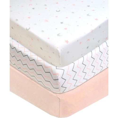 American Baby Company 3 Pack Fitted Pack N Play Playard Sheet 27" x 39", Soft Breathable Neutral 100% Cotton Jersey Pack and Play Sheet, Pink Star/Zigzag, for Boys and Girls, Fits Most Mini Crib