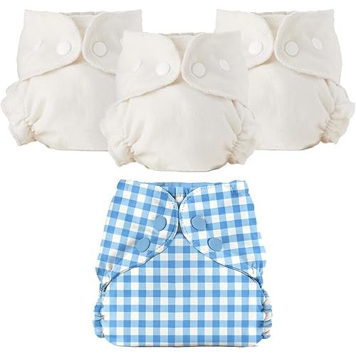 Esembly Cloth Diaper Bundle Set - 3 Organic Cotton Absorbent Inners and 1 Waterproof Outer Diaper Cover - Reusable, Washable, Snap Closure Cloth Diapers - Size 1 (7-17lbs), Gingham