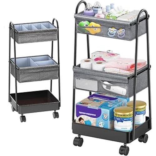 Baby Diaper Caddy Cart Organizer - 3 Tier Rolling Utility Cart Newborn Baby Nursery Essentials, Large Capacity, Easy to Assemble, Storage Rolling Cart for Bedroom, Changing Table & Crib
