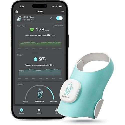 Sense-U Baby Smart Sock Shoe Baby Monitor with On-Device Sleep Indicator & Notifications, Track Heart Rate, Oxygen, Movement, Heartbeat for Peace of Mind, Infant Foot Monitor, FSA/HSA Eligible, 0-18M