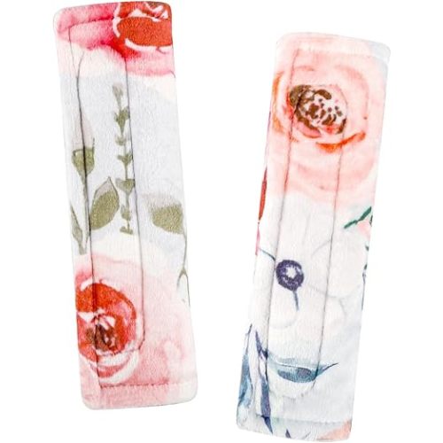 Car Seat Strap Pads for Baby Kids, Ultra Soft Infant Car Seat Strap Covers, Reversible, Minky Fabric, Shoulder Strap Pads for Baby Car Seats/Pushchair/Stroller/High Chair, Flower Pattern