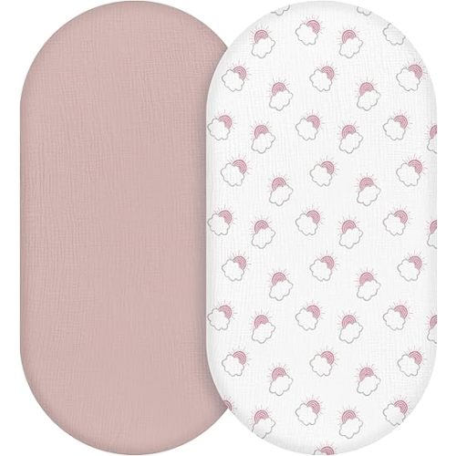 Muslin Bassinet Fitted Sheets, 2 Pack for Baby Boy and Girl, Soft Breathable Stretchy Baby Pad/Mattress Sheet Set, Universal Fit for Hourglass Oval and Rectangle Bassinet Mattress (Pink Cloud)