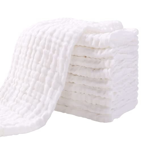 Baby Muslin Washcloths - Natural Muslin Cotton Baby Wipes - Soft Newborn Baby Face Towel for Sensitive Skin- Baby Registry as Shower Gift, 10 Pack 12x12 inches by MUKIN (White)
