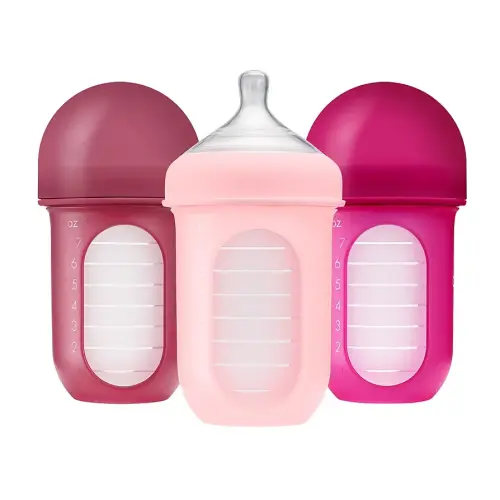 Boon Nursh Reusable Silicone Pouch Baby Bottles - Medium Flow Nipple - Silicone Baby Bottle Pouch and Nipple - Baby Feeding Essentials - Pink - 3-6 Months - 3 Count - 8 Ounce