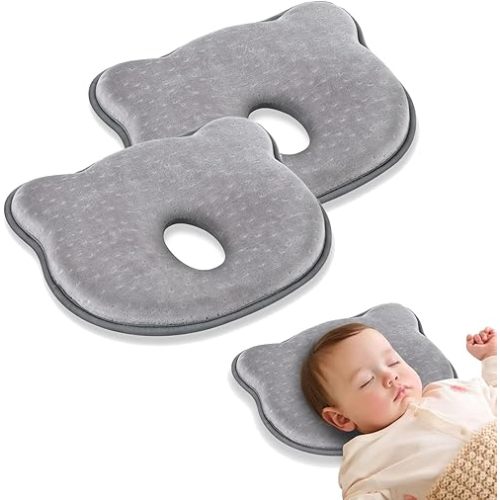 2025 New Memory Foam Baby Pillow, Cartoon Bear Soft & Cozy Pillow for Kids, Boys & Girls, Breathable Bedding Set for Infants, Prevents Flat Head, Neck & Head Support for Car Seat, Nap Time (Grey-2PCS)