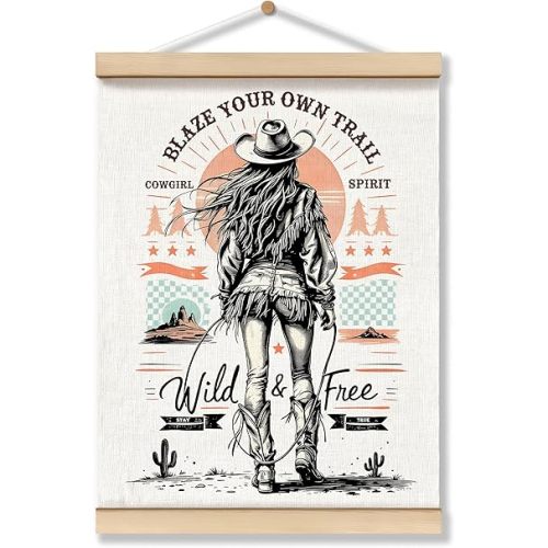 OFJE Retro Cowgirl Wild And Free Cactus Horse Poster Hanger Frame, Blaze Your Own Trail Western Wall Art Posters with Wooden Frames, Vintage Desert Cowgirl Wall Hanging Room Decor, 12x16 Inch