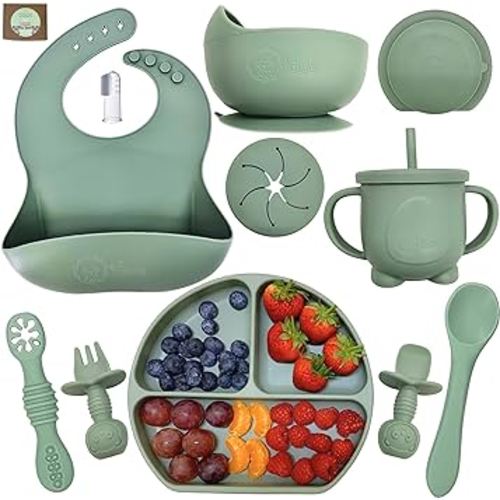 o'doe 11-Pcs Silicone Baby Feeding Set – Baby Led Weaning Supplies With Suction Plates For Toddlers, Baby Plates and Bowls Set | Green V1