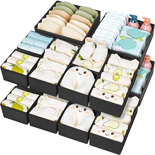 DIMJ Drawer Organizer 15 Pack - Foldable Baby Organizers and Storage & Dresser Organizer for Nursery, Bedroom, Closet - Nursery Organization Dresser Dividers for underwear, Sock,Bra, Belt, Tie，Black