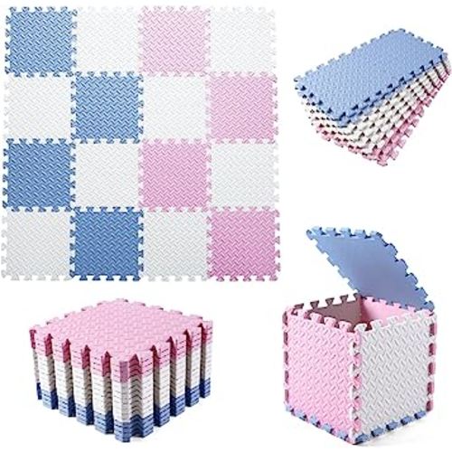 16Pcs Foam Play Mat, EVA Soft Interlocking Floor Mats, Solid Colored Foam Puzzled Floor Mats, Baby Play Mat Exercise Mats with Storage Bag(White/Pink/Gray Blue)
