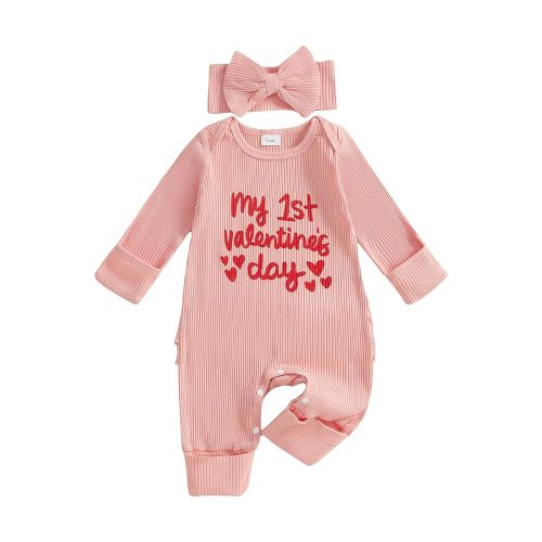 FIOMVA Im New Here Newborn Outfit Girl Long Sleeve Letter Romper Ribbed Knit Jumpsuit Baby Girl Preemie Coming Home Outfit