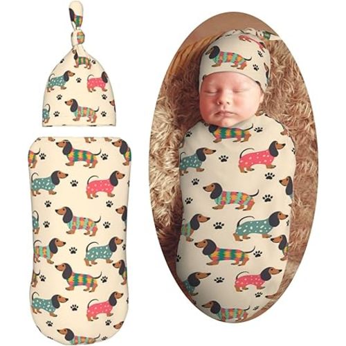 KiuLoam Colorful Cute Dachshund Paw Print Swaddle Blanket with Beanie Hat Set Newborn Receiving Blankets Baby Swaddle Wrap Soft Sleep Sack for Baby Boys and Girls