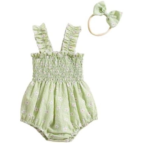 Kuriozud Newborn Baby Girl Smocked Bubble Romper Floral Halter Jumpsuit Headband Outfit Infant Clothing Cute Summer Clothes
