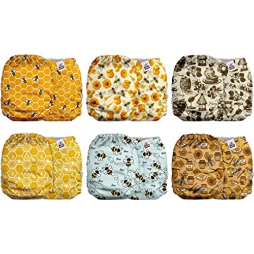 Mama Koala 2.0 Cloth Diapers for Babies with Suede Cloth Lining, 6 Pack with 6 Bamboo Cloth Diaper Inserts - Reusable and Washable Pocket Diapers (Busy Bees)