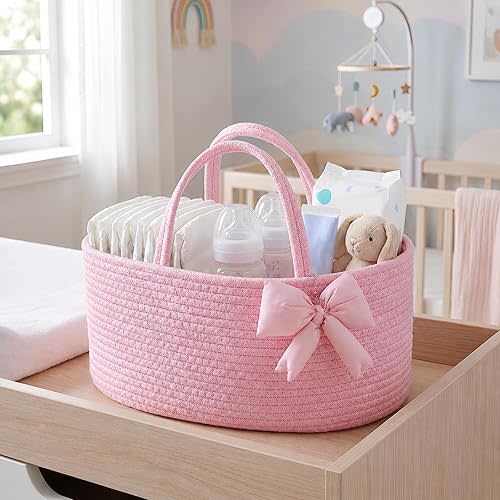 Hushee Pink Bow Baby Diaper Caddy Organizer Baby Gift Bag with Handle Nursery Diaper Basket Organizer for Newborn Boy and Girl Storage Bin for Diapers Wipes New Mom Gift