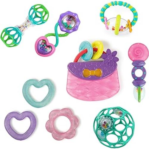 Bright Starts Everything Nice Teething Toys 9-Piece Set - BPA-Free Rattles and Chillable Teethers, Purple and Pink Baby Toys, 3 Months+