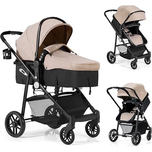BABY JOY Baby Stroller, 2 in 1 Convertible Carriage Bassinet to Stroller, Pushchair with Foot Cover, Cup Holder, Large Storage Space, Wheels Suspension, 5-Point Harness (Light Coffee)