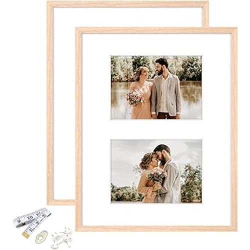 ATOBART 11x14 Picture Frame, OAK Wood Photo Frame 8x10 with Mat or 5x7 with 2 Mat with Perspex Glass for Vertical or Horizontal Tabletop Wall Display for Photo, Painting, Poster, Set of 2