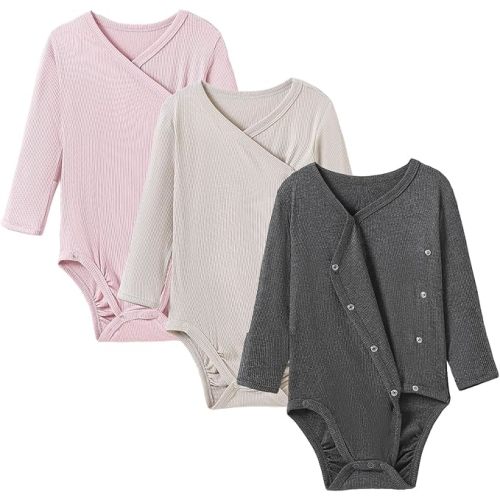 0-3M Bamboo Baby Side Snap Bodysuit Kimono Onsies 3-Pack Long Short Sleeve Boy Girl Boys