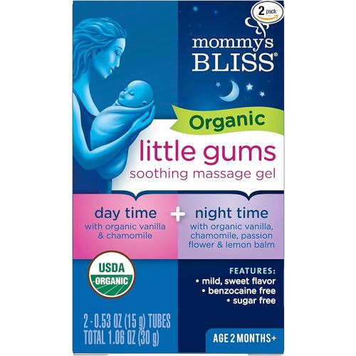 Mommy's Bliss Organic Little Gums Soothing Massage Gel Day and Night Combo, Great for Teething Babies, Age 2 Months+, Sugar Free, Mild & Sweet Flavor, 2 - 0.53 Oz Tubes (Pack of 1)