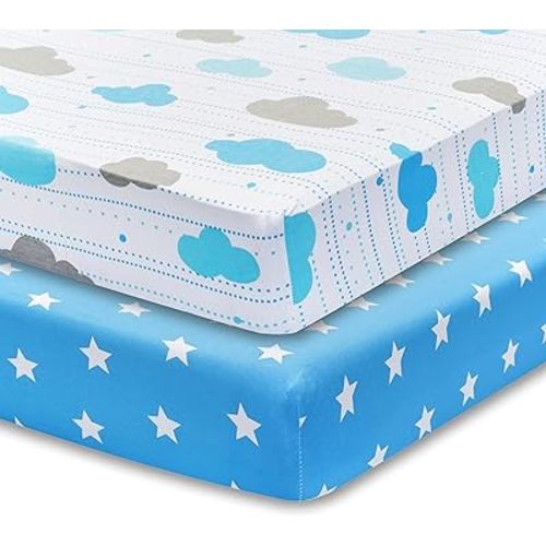 2 Pack Fitted Crib Sheets for Boys in 100% Jersey Knit Cotton –Boy’s Crib Mattress Sheets in Celestial Themes - Blue with White Stars and White with Blue and Gray Clouds by Everyday Kids