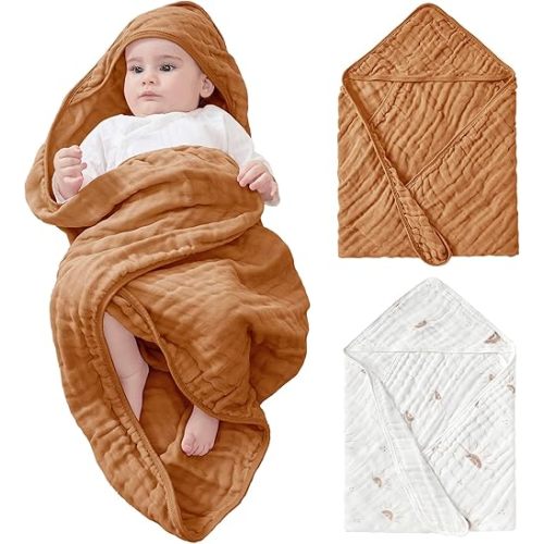 JELLYMONI Muslin Baby Hooded Bath Towels for Newborn, 2 Pack 100% Cotton Baby Bath Towel with Hood for Baby, Infant, Toddler and Kids, Large 32 x 32 Inch Baby Bath Towels Soft and Absorbent