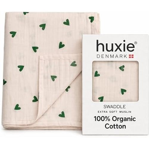 Muslin Baby Swaddle Blanket 100% Organic Cotton 47” x 47” (Green Hearts)