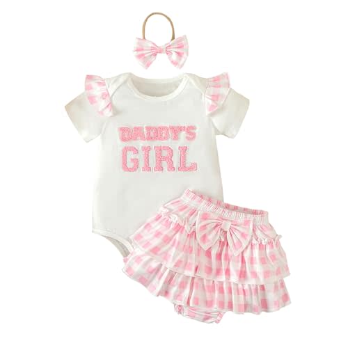 sdghg New Born Infant Baby Girls Pink Outfits Short Sleeve Embroidery Letter Romper Bow Plaid Cake Skirt with Hair Rope