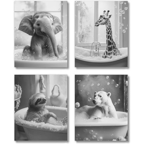 Brooke & Vine Cute Funny Bathroom Decor Wall Art Prints (UNFRAMED 8 x 10 Set of 4) Restroom Powder Room Wash Laundry Room Wall Decor Signs - Animals in Bathtub (Black and White)