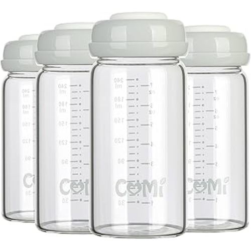 COMI Wide Neck Glass Breastmilk Collection n Storage Bottle, 8oz with Screw Ring Sealing Disk; Re-markable Sealing Disc. BPA Free, Fits Breast Pumps & Nipples (4 Gray Lids)