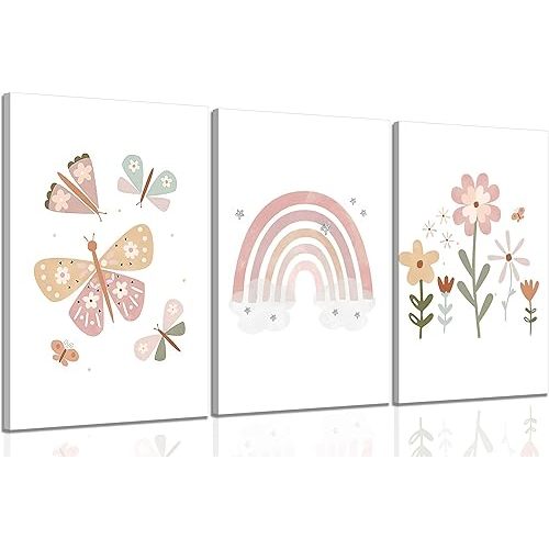 Boho Pink Nursery Canvas Wall Art Rainbow Children Room Painting Picture Wall Decor Child color Butterfly Flowers Poster Print Artwork for Boys Girls Bedroom Children Room Home Decoration