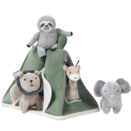 Interactive Plush Safari/Jungle Green Tent with Stuffed Animal Toys – Lambs & Ivy