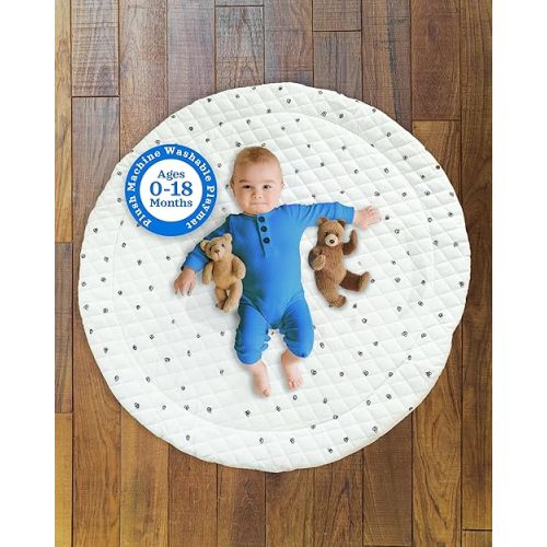Poppyseed Play Quilted Soft Padded Baby Play Mat Round Infant Floor Mat – Machine Washable Tummy Time Mat for Crawling, Playroom or Nursery – Beige Cushioned Activity Pad for Newborns