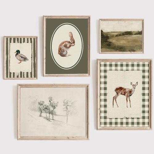 Vintage Nursery Wall Art Kids Canvas Poster Baby Boy Room Wall Decor Green Rabbit Wall Art Bunny Bird Prints Deer Picture Farmhouse Painting Nursery Artwork for Bedroom 8x10 Inch Unframed Set of 5